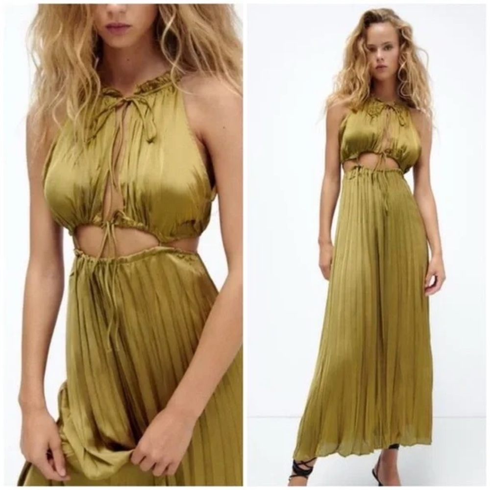 Elegant Bronze Satin Green Maxi Dress from Zara